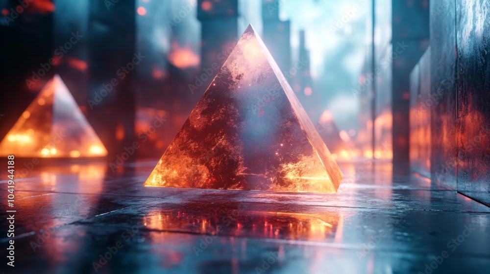Poster The scene features glowing pyramids emitting an orange light, set amidst a backdrop of dark, smoky towers in a futuristic city during twilight, creating an otherworldly atmosphere.