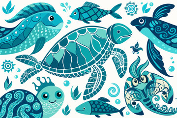 Hand-drawn Ocean Creatures with Decorative Patterns