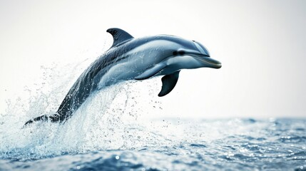 Obraz premium A dolphin leaps from the ocean, creating a splash as it breaks the surface, showcasing its agility and grace in a serene marine environment.