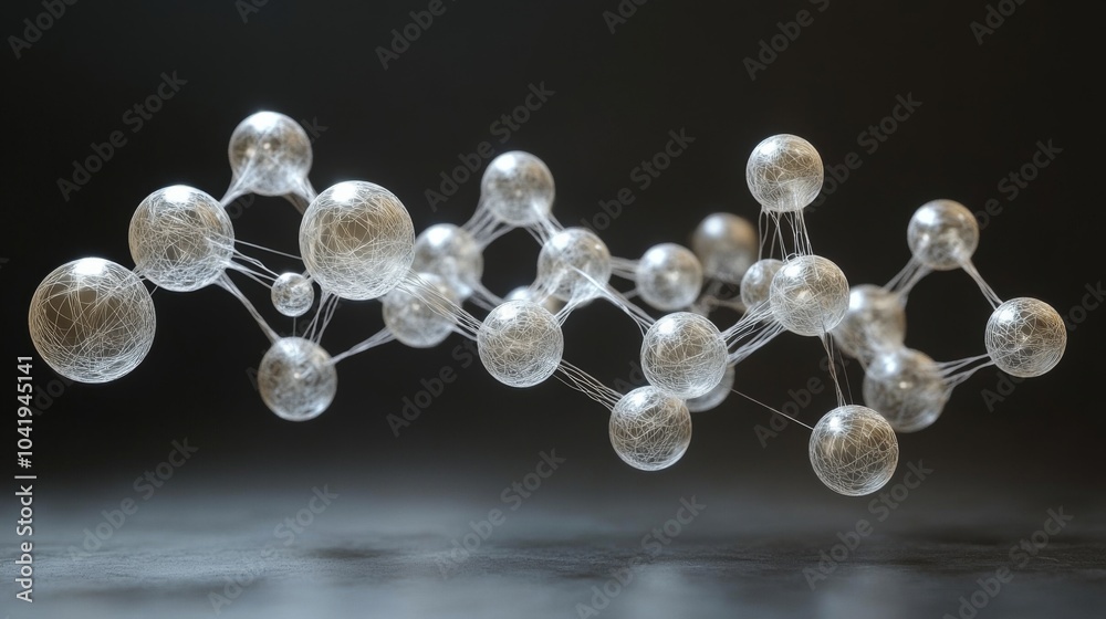 Poster Floating transparent molecules are interconnected with fine strands, creating a modern depiction of molecular structures against a dark backdrop.