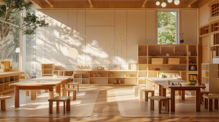 A modern Montessori classroom integrating technology, where students can choose both physical and digital activities