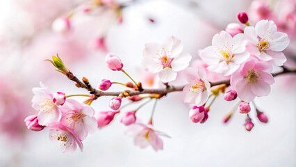 Obraz premium Delicate pink cherry blossom branch with small blooms against a white background