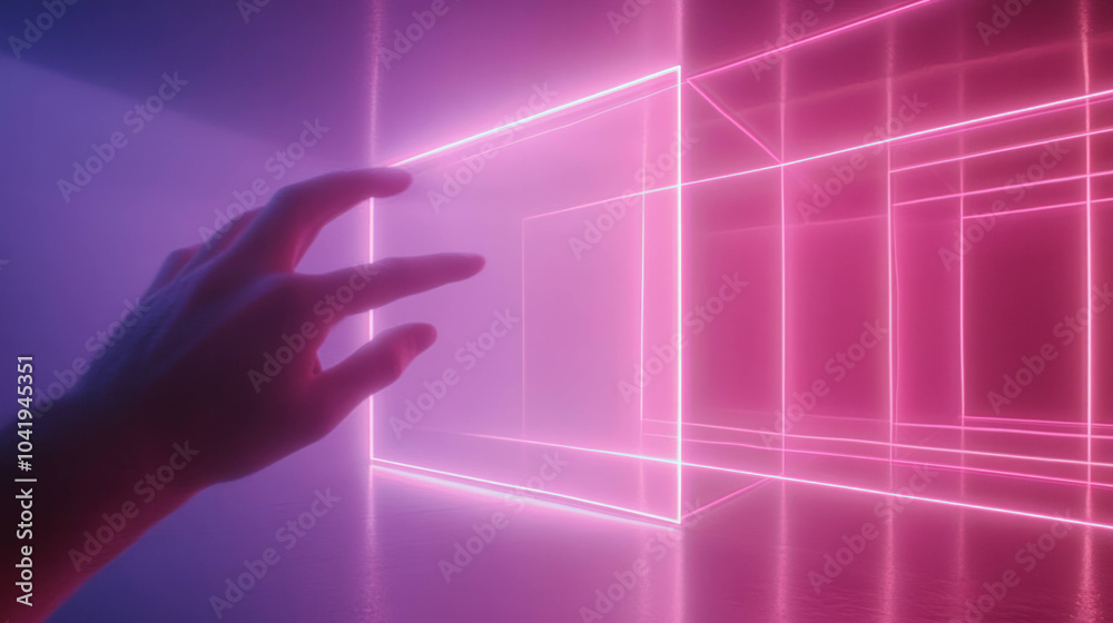 Poster hand reaching towards glowing, holographic structure in vibrant, neon lit environment creates captiv