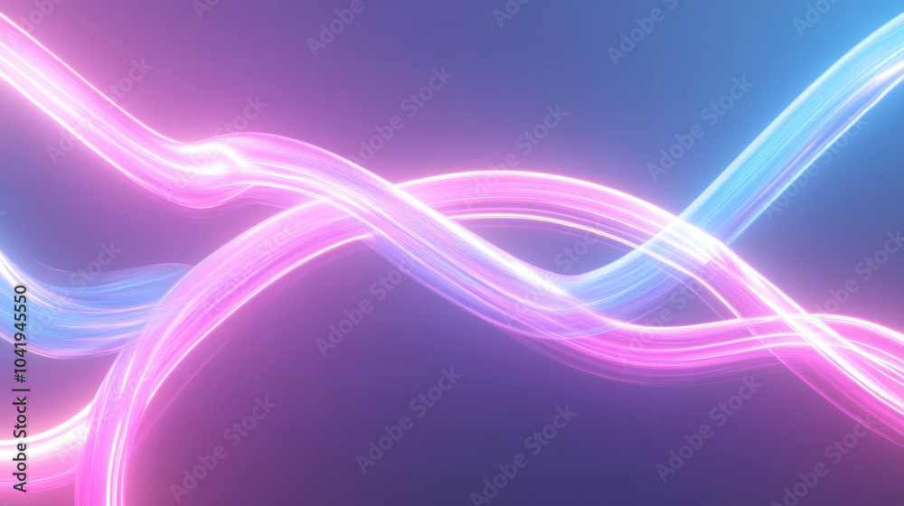 Poster abstract composition of holographic neon light creates vibrant and dynamic visual experience. flowing lines in pink and blue evoke sense of energy and movement