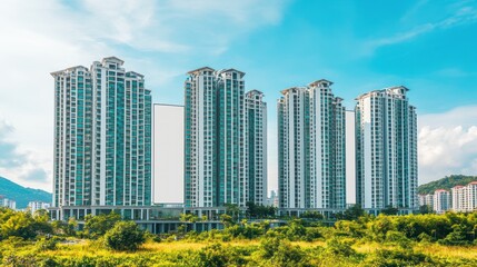 Obraz premium A cluster of modern residential high-rise buildings against a blue sky.