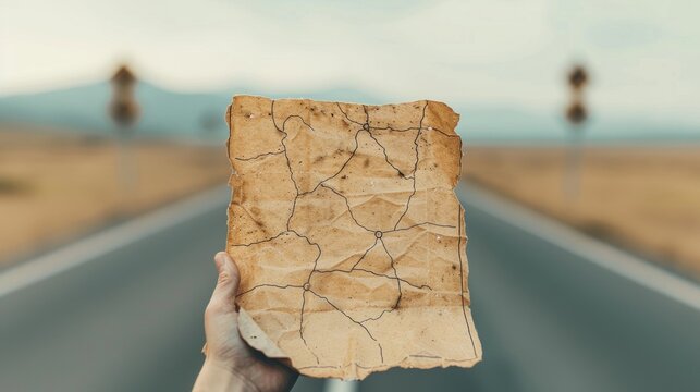 Lost direction and exploration symbolized by crumpled map on deserted road.