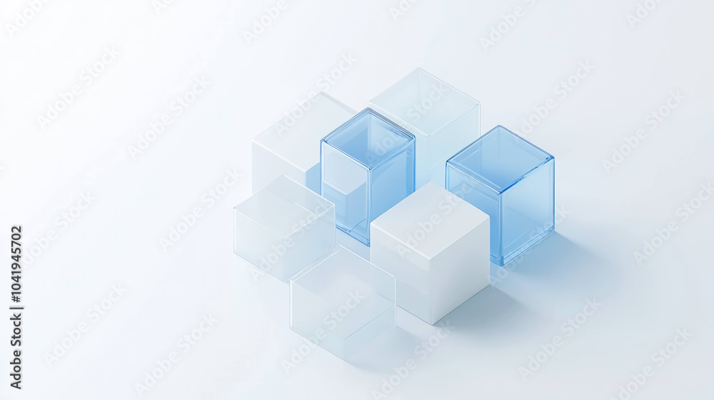 Fototapete Translucent cubes in various sizes and colors are arranged artistically on light background, creating modern and minimalistic aesthetic. interplay of light and shadow adds depth to composition