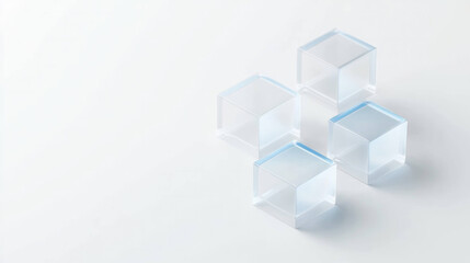 Clear acrylic cubes arranged on light background, showcasing their geometric shapes and transparency. These interconnected blocks create modern and minimalistic aesthetic