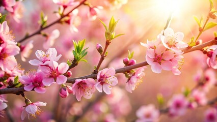Obraz premium Delicate pink peach blossoms blooming in spring sunlight leading lines