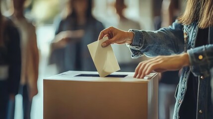 A young adult woman casting her vote into a ballot box during an election.