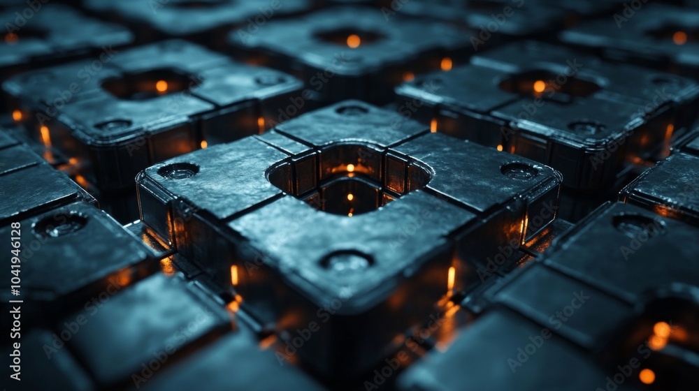 Poster A collection of dark modular shapes with glowing edges forms a distinctive 3D pattern. The glowing features illuminate the surrounding space, enhancing the futuristic feel of the design.