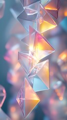 Abstract floating rhombuses in pastel tones of pale yellow, light blue, and soft pink, glowing subtly on a dark background, crisp edges and smooth gradients, subtle shadows creating depth,