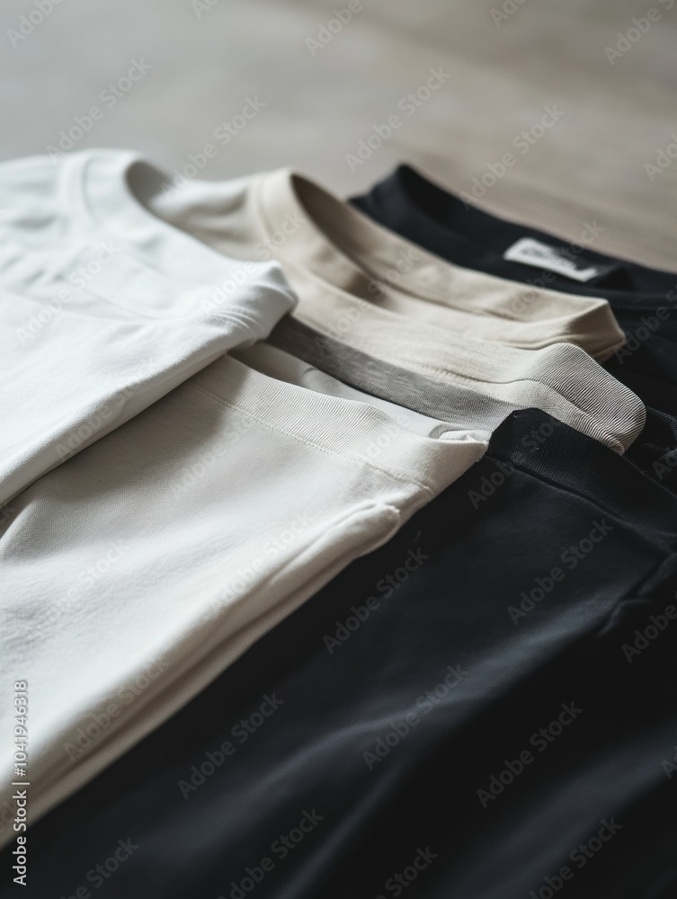 Poster a collection of minimalist sportswear is folded and arranged neatly on a smooth table, highlighting 