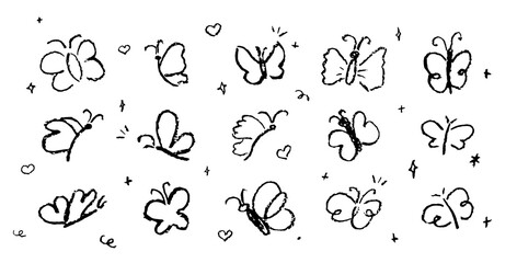Set of butterflies drawing by pastel or charcoal pencil. White chalk line butterfly simple element on black chalkboard background. Like children's drawing cute fly collection. Vector illustration.