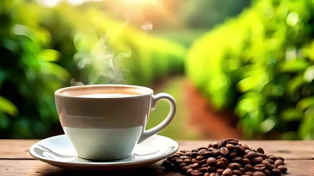 Hot coffee cup with organic coffee beans on the wooden table and the plantations background. Generative AI