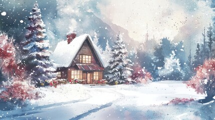 Beautiful winter house, Christmas watercolor illustration