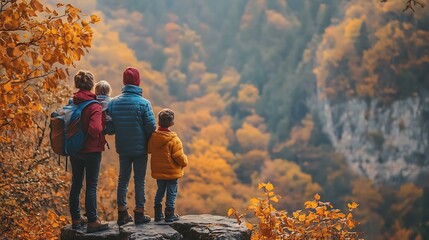A family standing at a scenic viewpoint during a hike, taking in the fall landscape, dressed in layered clothing