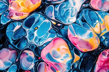 Colorful abstract design with vibrant blue, pink, and orange shapes.