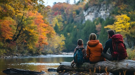 A family stopping to rest on a log during a hike, with a river and fall foliage in the background