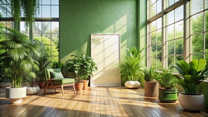 Minimalist Green Canvas Frame in Bright Sunroom with Vibrant Plants and Wooden Flooring - Candid Photography