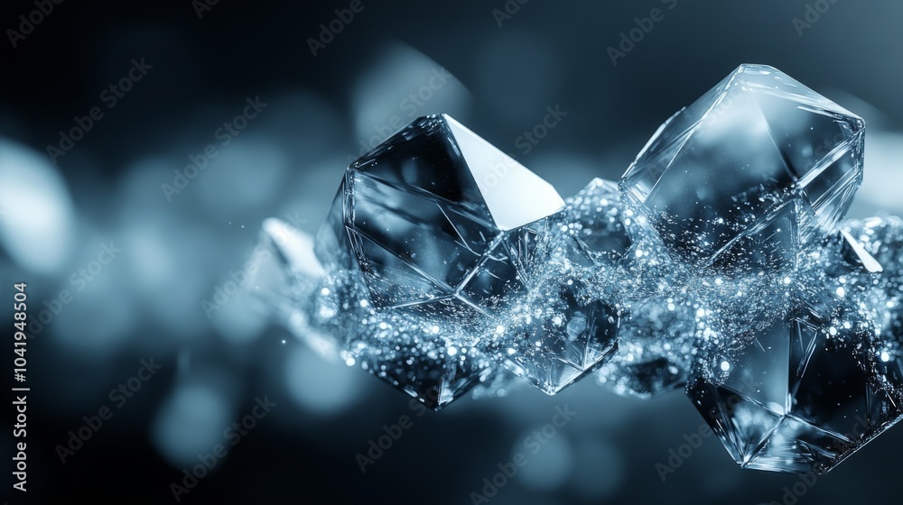 Poster A collection of sparkling ice crystals floats gracefully in a darkened space, illuminated by a soft glow that highlights their stunning clarity and unique shapes.