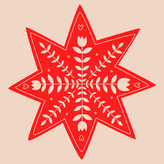 Doodle Christmas star.Decorative Swedish element for Christmas, New Year design. Hand-drawn vector illustration isolated on beige background. Vector illustration EPS10