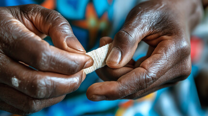 Fototapeta premium Hands applying bandage on a finger, showing care and medical precision.
