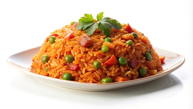 Delicious and colorful Jollof rice dish isolated on white background