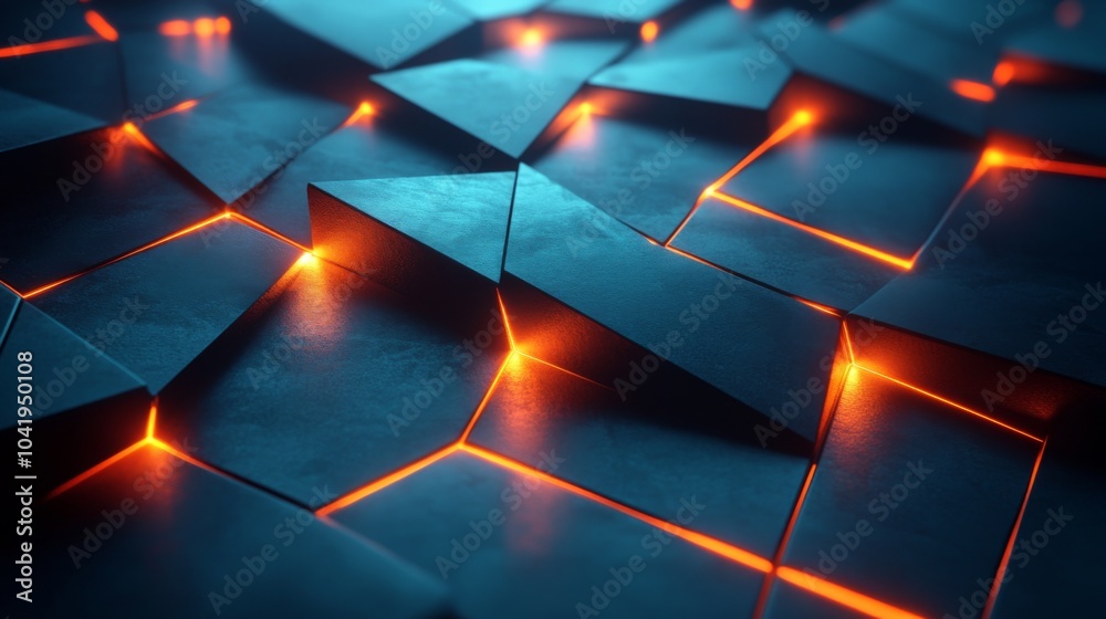 Poster A dark textured surface prominently showcases a geometric pattern with illuminated edges glowing in blue and orange hues, creating an abstract visual effect.