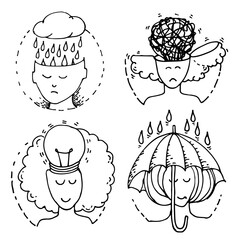 Mental health. Creative idea. Good and bad mood, feeling or emotion. Depression. Stress. Set hand drawn vector illustration