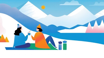 Fototapeta premium Winter wonderland: family enjoying hot chocolate picnic in snowy mountains.