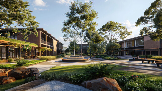A school campus with a mix of outdoor learning spaces and high-tech classrooms, promoting both traditional and modern education