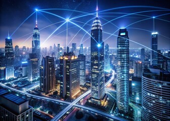 Obraz premium Minimalist Nighttime Metropolis with Digital Streams in Modern Urban Landscape