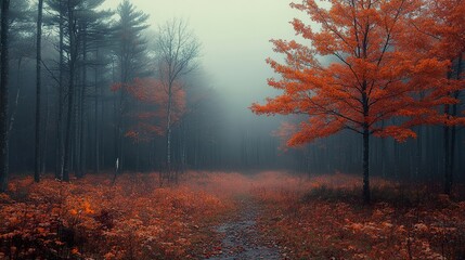 Fototapeta premium Enchanted Forest Path: Autumn Fog & Red Leaves