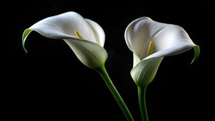 Elegant white calla lilies on a black background with space for text for words of support and comfort.  Design for mourning and memorial material, bereavement or remembrance, mourning card