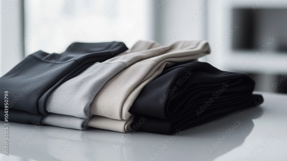 Aufkleber various minimalist sportswear pieces are folded neatly on a smooth table in a contemporary setting, 