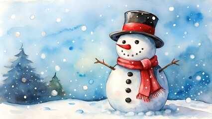 Watercolor drawing of a snowman wearing a black hat and scarf on a background of winter forest and falling snow with free space for text. Background for holiday design. Christmas card design.
