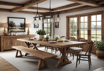 Obraz premium A cozy dining room featuring a large wooden table with matching benches and chairs