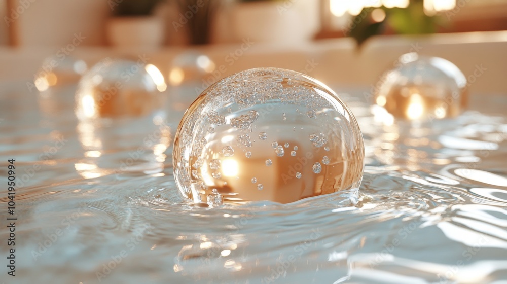 Poster clear bubbles float gracefully to the surface of calm water, capturing sunlight and creating a tranq