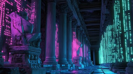 Obraz premium A futuristic, neon-lit temple with statues and columns.