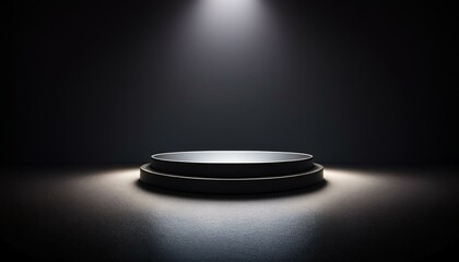 a dark and moody scene with a round pedestal illuminated by a spotlight perfect for showcasing products or creating a dramatic backdrop