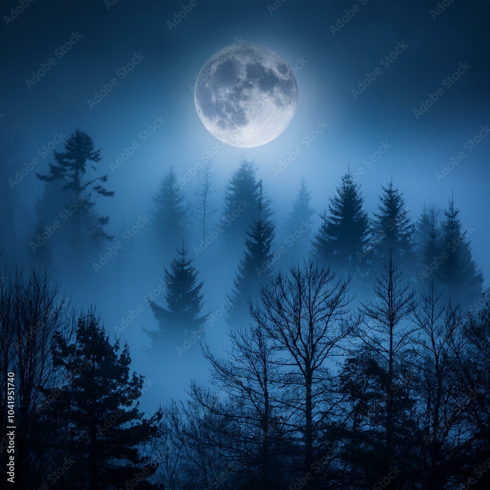 Sticker a misty forest at night with a full moon shining through the clouds creating an ethereal atmosphere