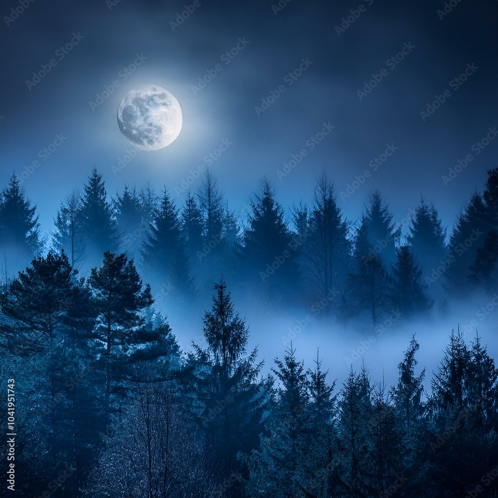 Poster a misty forest at night with a full moon shining through the clouds creating an ethereal atmosphere