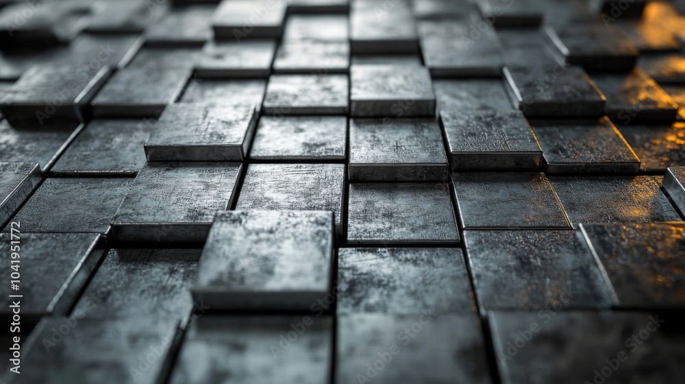 Poster A close-up view shows a surface covered with dark metallic tiles, arranged in a precise grid pattern, highlighting a sleek and contemporary design.