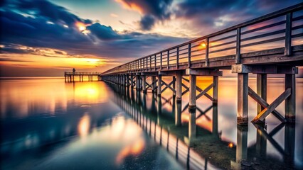 Obraz premium Serene Wooden Bridge Over Calm Sea at Sunset