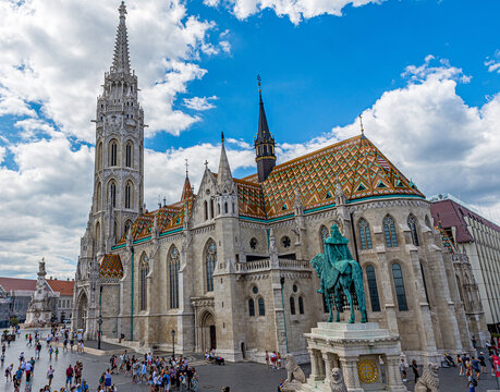 The Church of Our Lady of Buda Castle (Matthias Church) with King Saint Stephen Looking On in Budapest, Hungary.