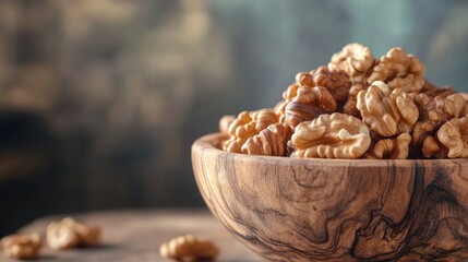 Obraz premium Close-up of Fresh Walnuts in a Rustic Wooden Bowl - Nutritious Food Concept with Natural Charm and Copy Space