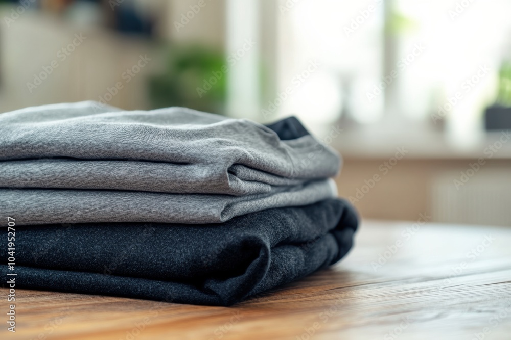 Poster a neatly arranged stack of minimalist sportswear lies on a smooth table, showcasing a clean and orga