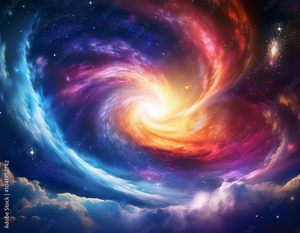 Wall mural a vibrant depiction of a swirling galaxy surrounded by colorful clouds in a cosmic setting