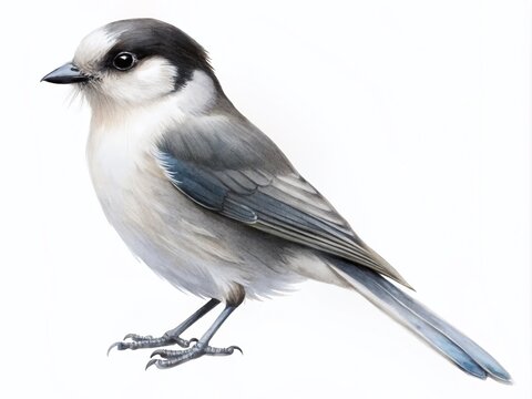 Minimalist Watercolour Gray Jay Illustration on White Background for Modern Decor